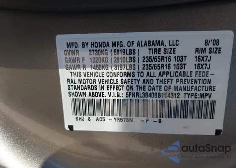 2008 Honda Odyssey Ex from USA, damaged, VIN 5FNRL38408B114312